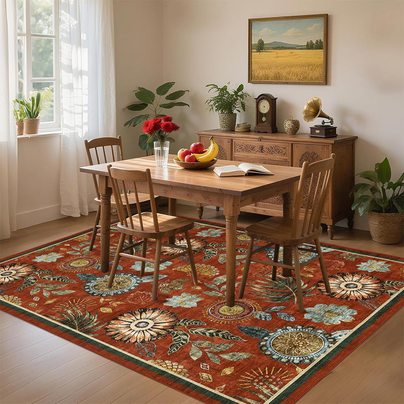 Tapis lavable pour salon Farmhouse, Rouge, Rectangle 5 pi x 7 pi