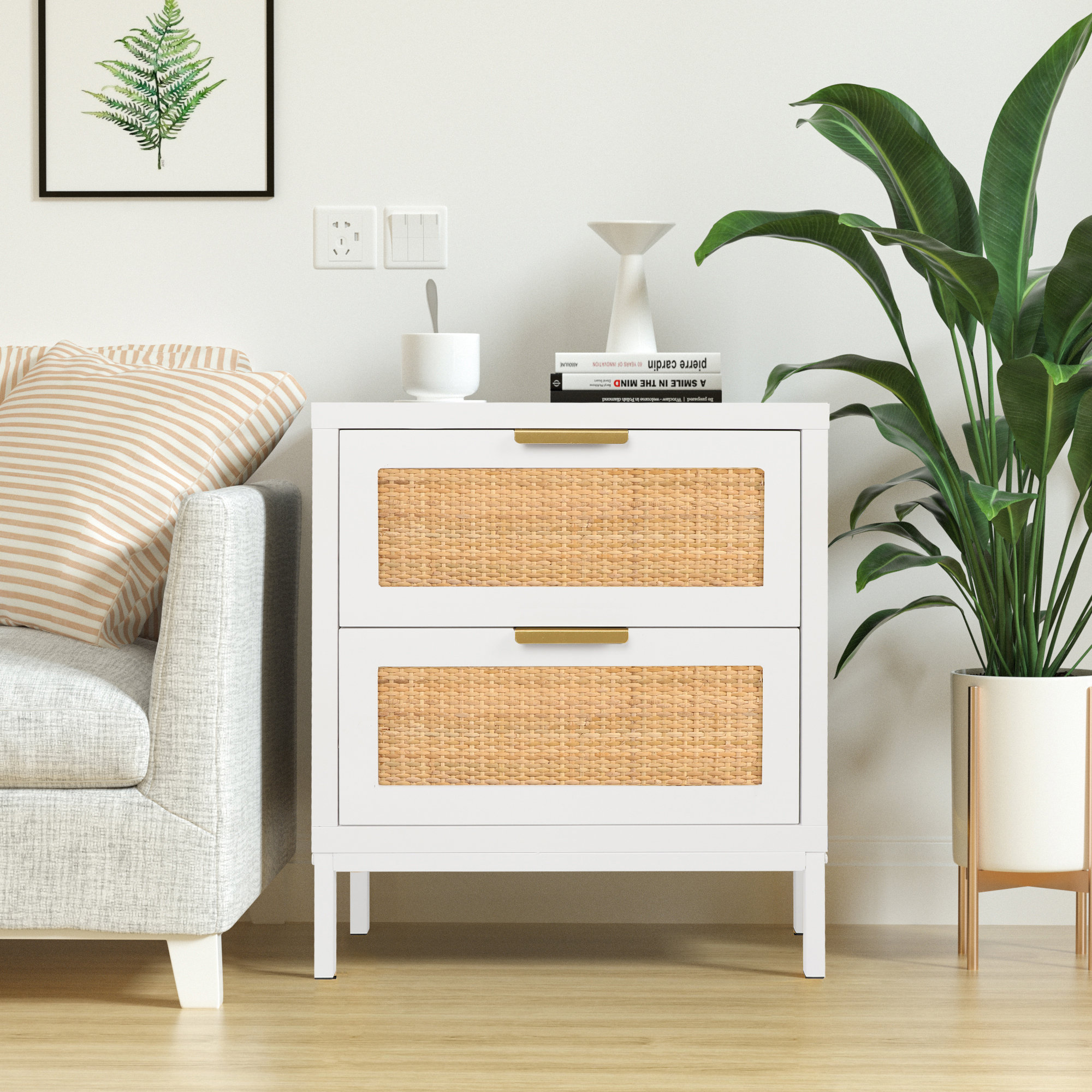 Bayou Breeze Irma 2 Drawer Rattan Nightstand End table in White