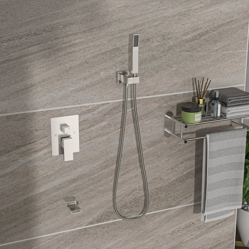 Ceiling Mount Shower System In Brushed Nickel - 12" Square Waterfall Tub Spout 3 Function, Rainfall & Handheld Valve Easy Installation And Cleanliness Featurette Disinfection