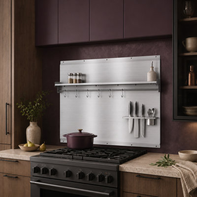 VENFAN 42-Inch Stainless Steel Stove Backsplash, 41.9" W × 29.5" H, with Compact Shelf, Utensil Rack and Knife Holder