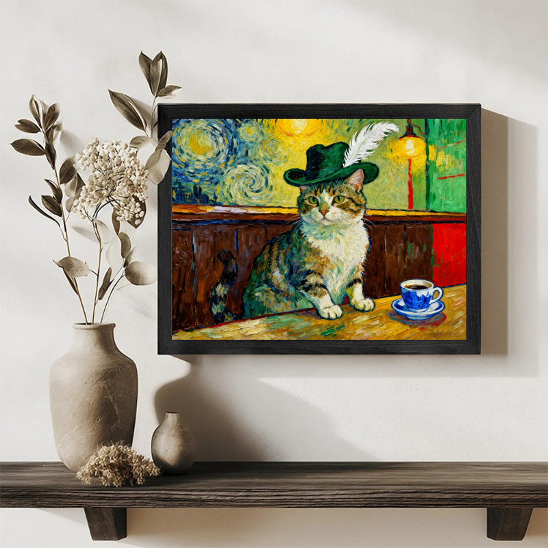 Reproduction d'art encadrée noire rétro élégante avec thés et chats, H 17 po x l 25 po