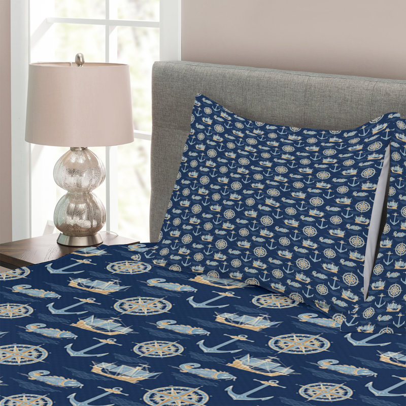 Acamas Blue/Beige Microfibre Bedspread Set, 220 x 264 cm