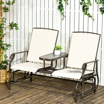 Fauteuil coulissant avec table du milieu - Structure en acier robuste beige. Tissu en filet respirant pour la terrasse, le jardin. Double expérience de vol à voile. 726 lb Support de poids total. L 58,27 po x P 30,85 po x H 40 po