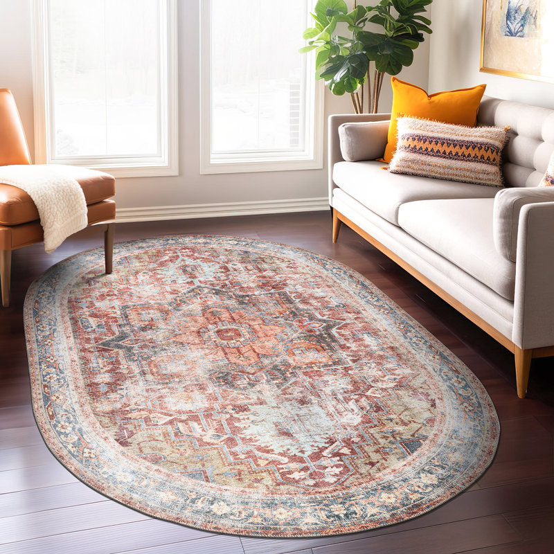 Alice Machine Washable Oriental Flatweave Performance Red/Blue/Ivory Multi Area Rug, Oval 5' x 7'