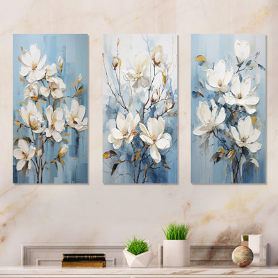Ensemble de 3 décorations murales blanches et bleues Magnolias Blossom