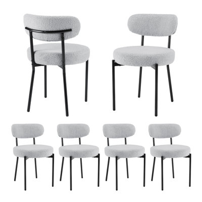 Sherpa Fabric Upholstered Dining Chairs Set With Backrest For Dining Room, Kitchen, Living Room, Includes 6 Chairs