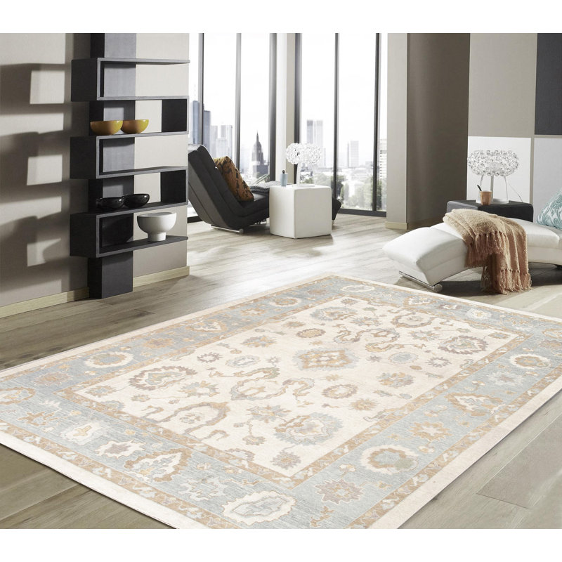 Tapis ivoire / bleu en laine noué à la main Oushak