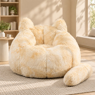 Pouf poire en fausse fourrure en forme de chat de 106 cm avec coussin à queue amovible, canapé moelleux sans ossature, fauteuil de lecture confortable pour salon, chambre ou appartement.