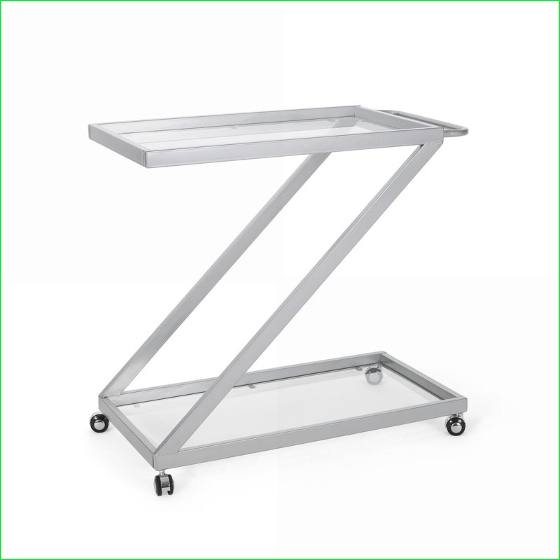 Modern Bar Cart with Tempered Glass Shelves | Rolling Locking Casters | Glass+Metal | Brushed Silver