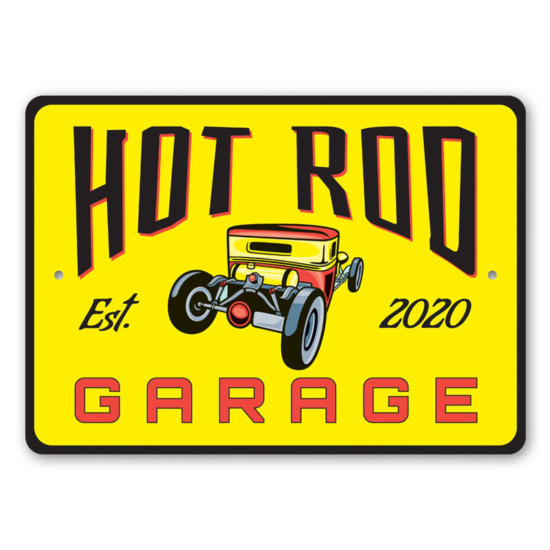Hot Rod Garage Established Year Aluminum Sign, 12" H x 18" W x 0.06" D