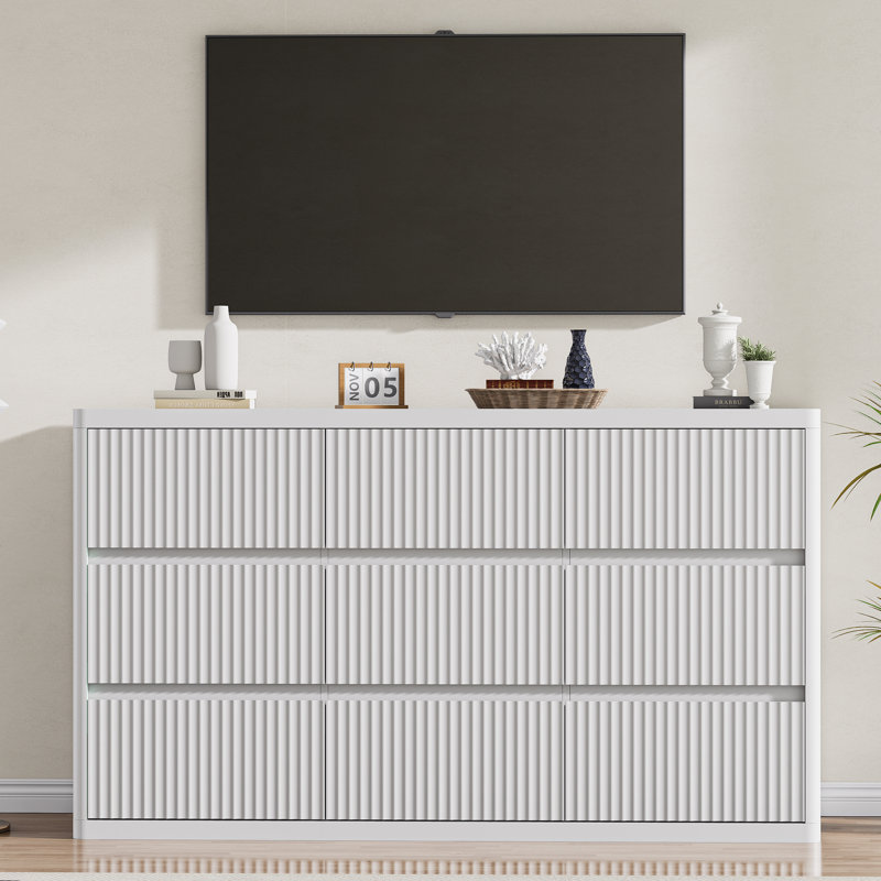 Fluted White 9-Drawer Dresser, 57" Modern Curved Chest of Drawers, White