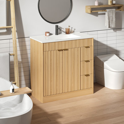 Meuble-lavabo moderne simple 36 po avec plateau en bois massif et 3 tiroirs