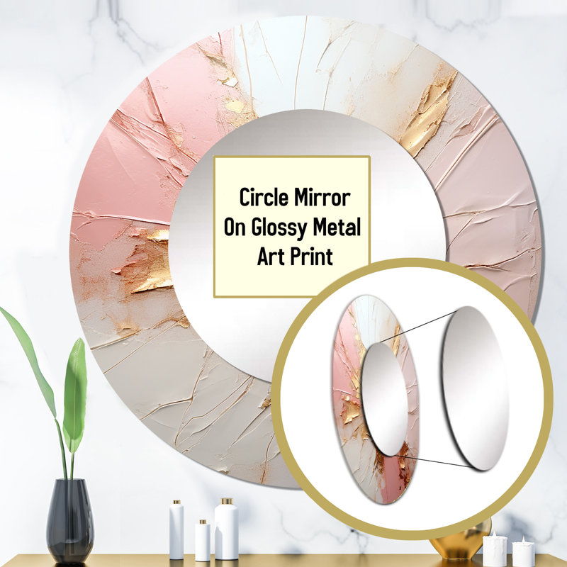 Gold And Pink Paint Fusion - Abstract Painting Mirror, Modern Round Unique Wall Mirror, Printed Metal Art, 29" x 29"