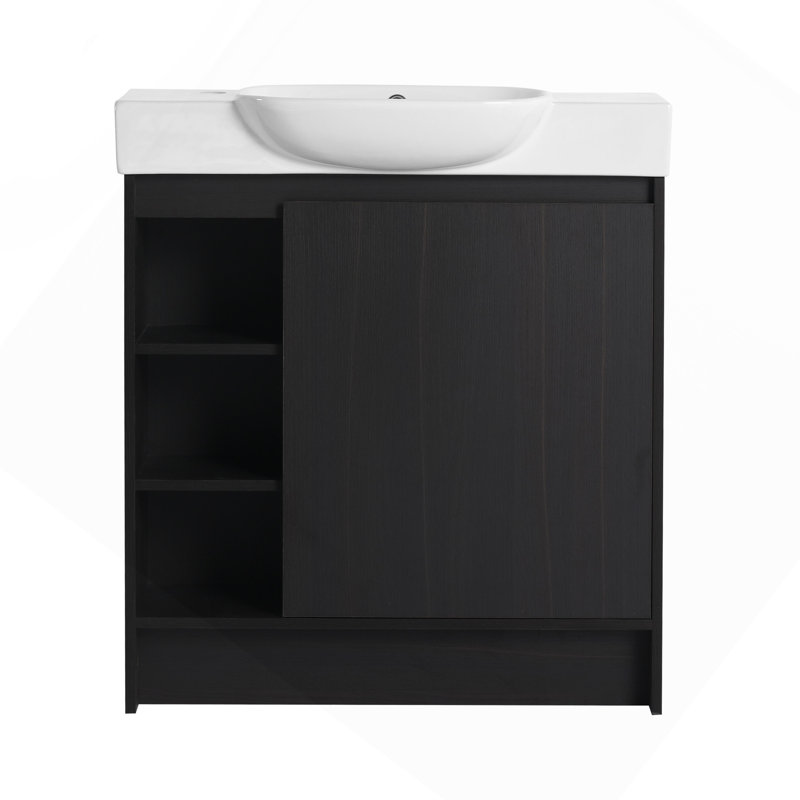 Meuble-lavabo autoportant de 30 po avec lavabo en céramique blanche et porte à fermeture en douceur, chêne foncé, contreplaqué