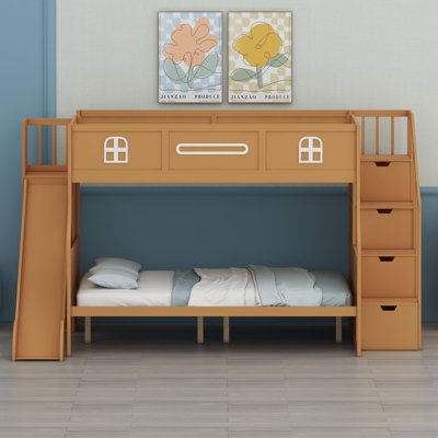 Bunk bed with slide and storage stairs delivers reinforced construction for growing families