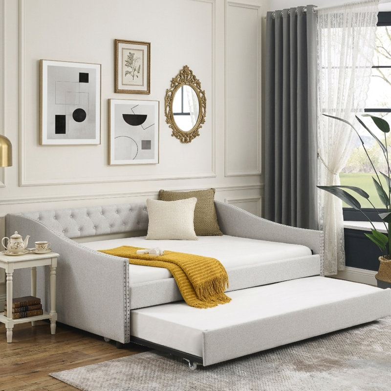 Glam Button-Tufted Full Size Upholstered Daybed with Nailhead Trim Trundle Sofa Bed
