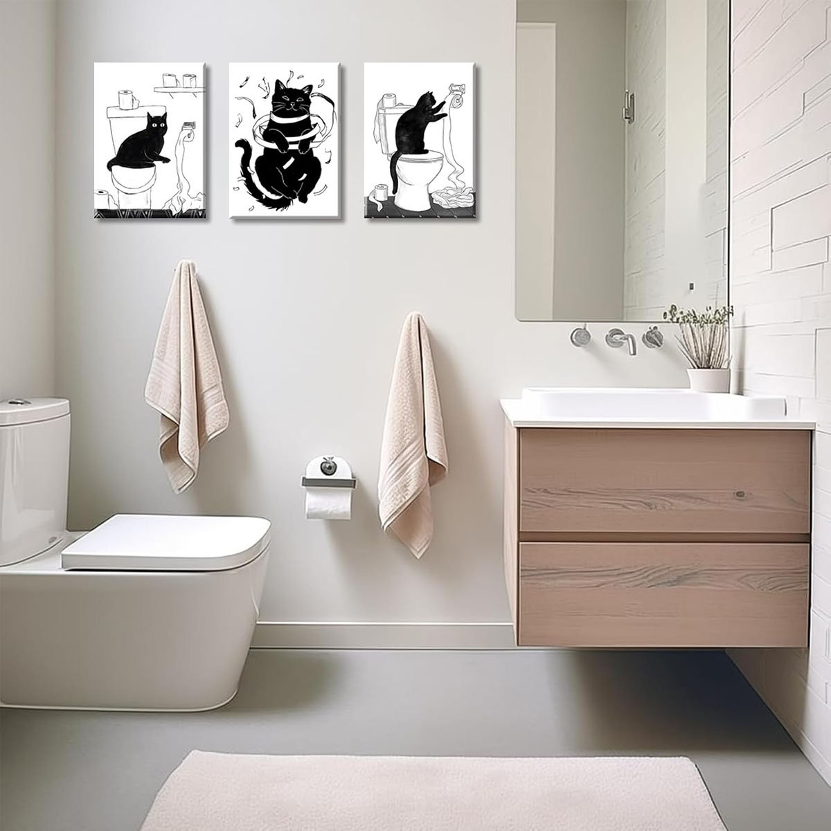 Trinx Funny Black Cat Bathroom Canvas Wall Art Set Of 3 Cute Black Cat ...