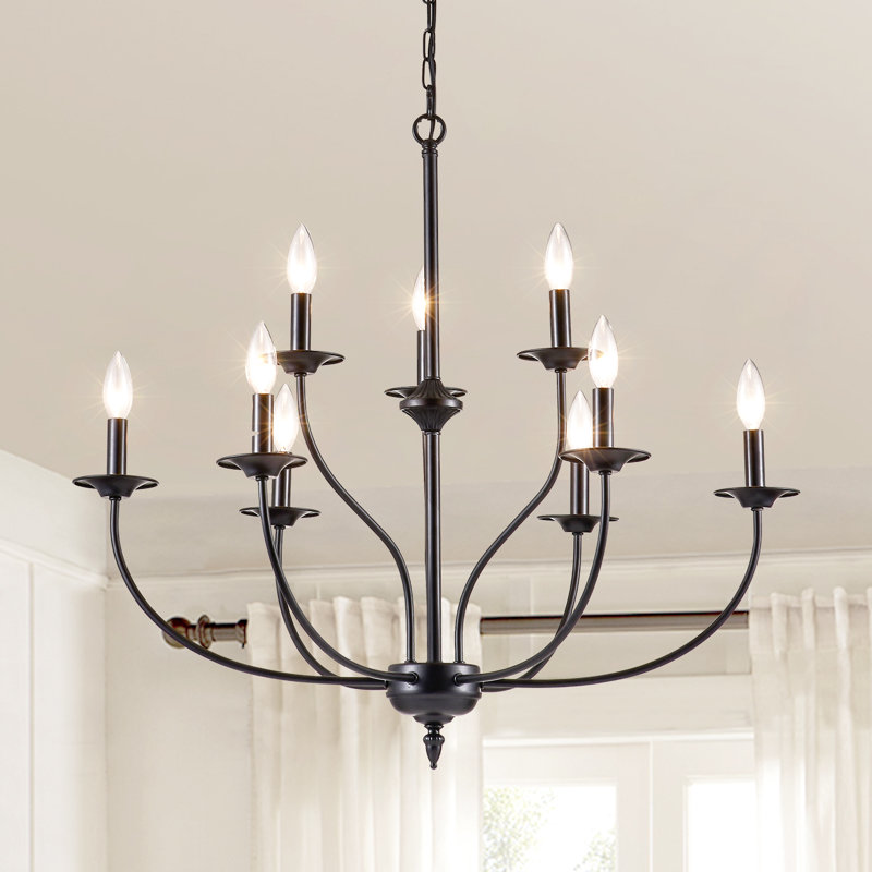 Maroneia 9-Light Dimmable Metal Two-Tier Candle Style Chandelier with Adjustable , Matte Black