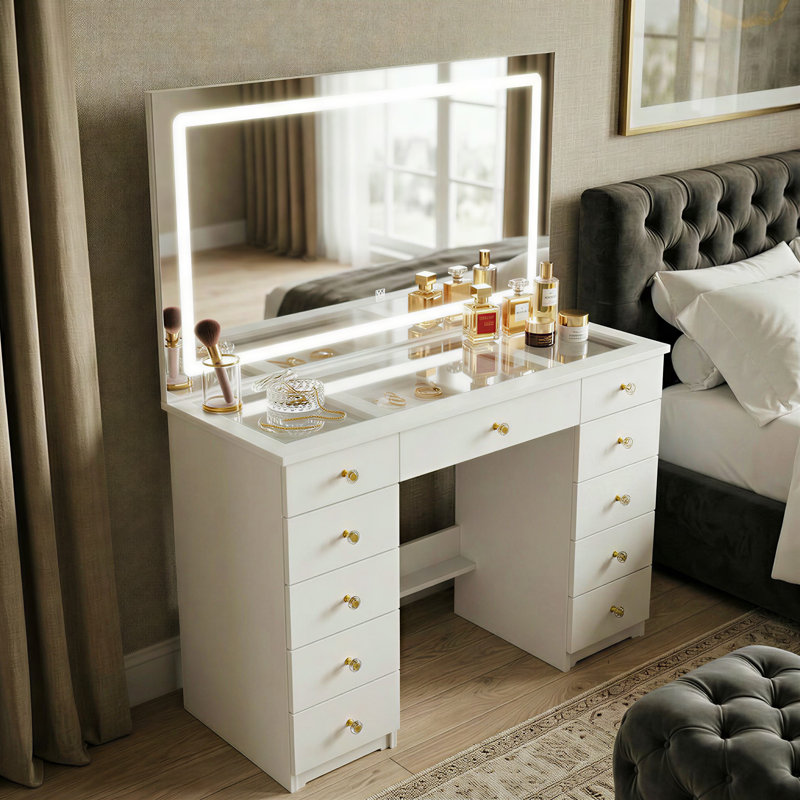 Coiffeuse de maquillage moderne avec miroir lumineux et rangement solide