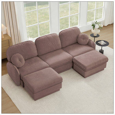 Canapé surdimensionné en U de 105 po en chenille, canapé à assise profonde avec repose-pieds mobile, coussins ronds exquis et coussins de dossier matelassés, pieds de cadre de base encastrés, assemblage facile, convient au salon, poussière de rose