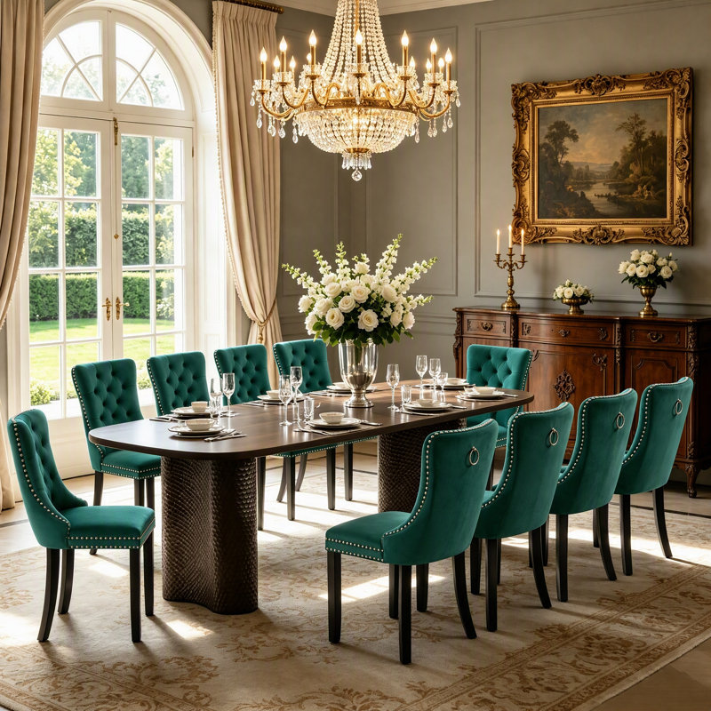 Ensemble de salle à manger ovale extensible 11 pièces pour 10 personnes, table de cuisine de style campagnard de 63" à 95" avec base incurvée martelée et 10 chaises capitonnées en velours