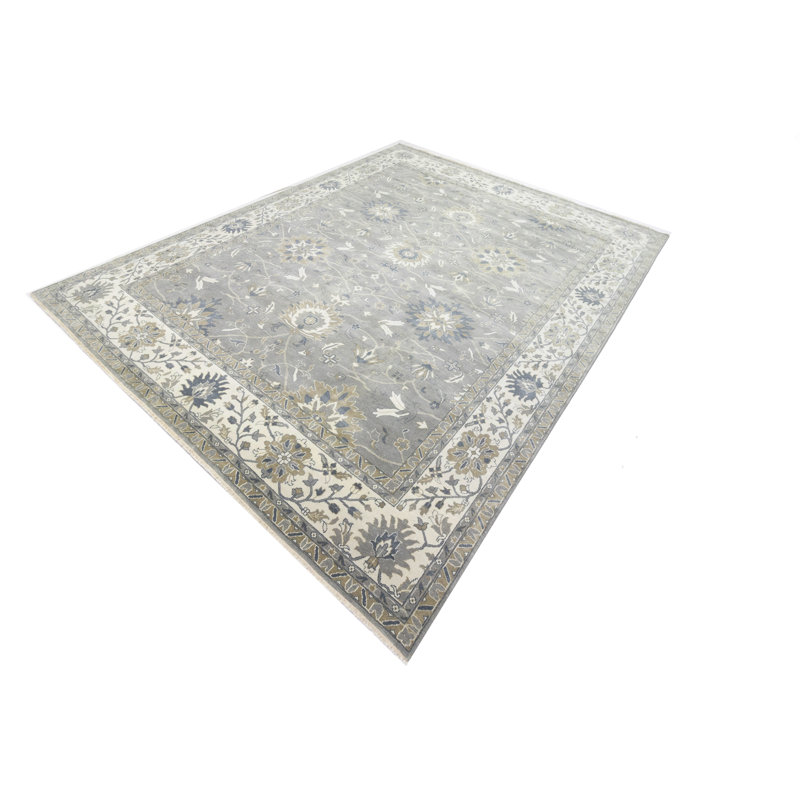 Floral Handmade Hand-Knotted Rectangle 11'10" x 14'10" Wool Area Rug in Cream