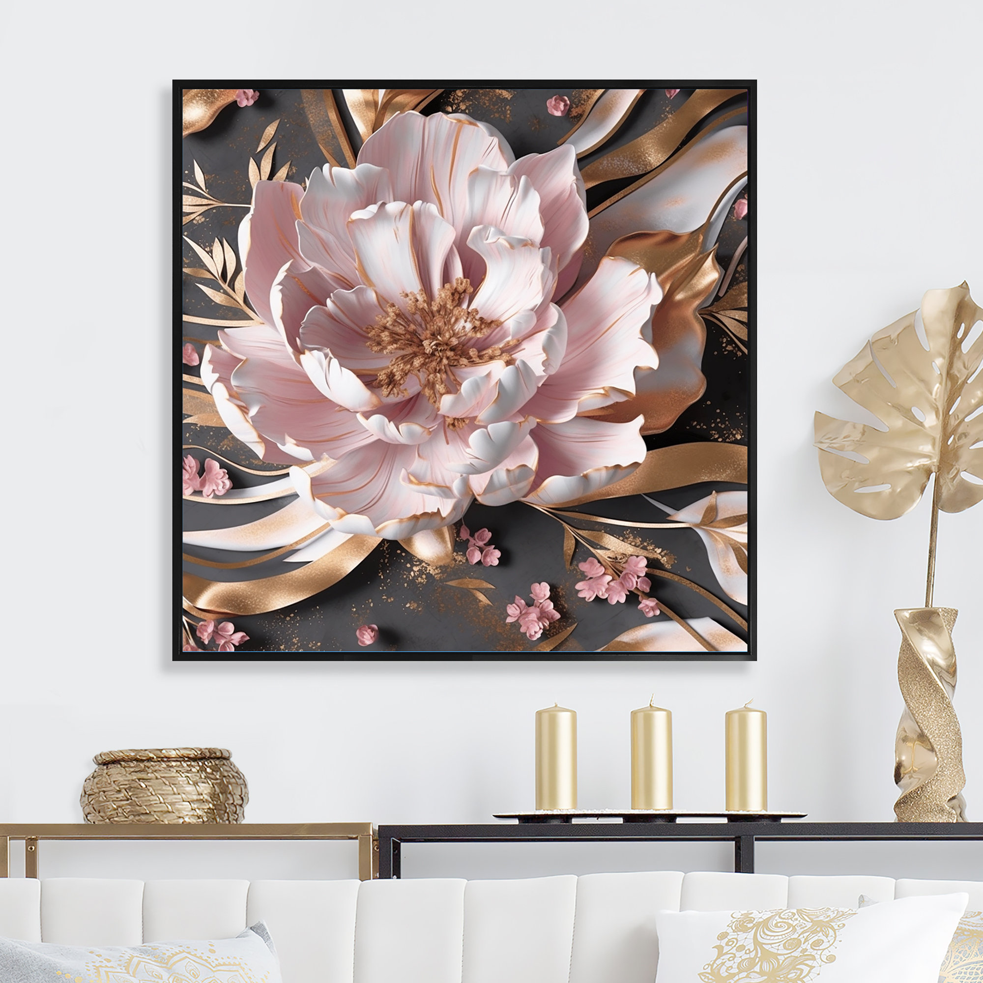 Design Art Pink Peony Flower Golden Touch - Peonies Wall Art Living ...