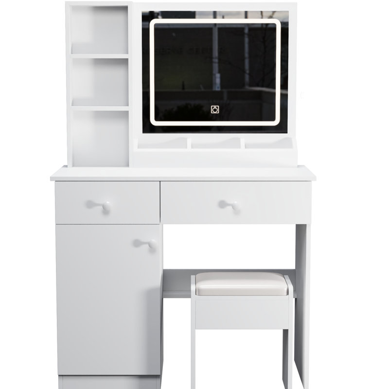 Coiffeuse élégante avec miroir et 3 lumières de couleur - 2 tiroirs, bureau blanc à la mode, rangement spacieux