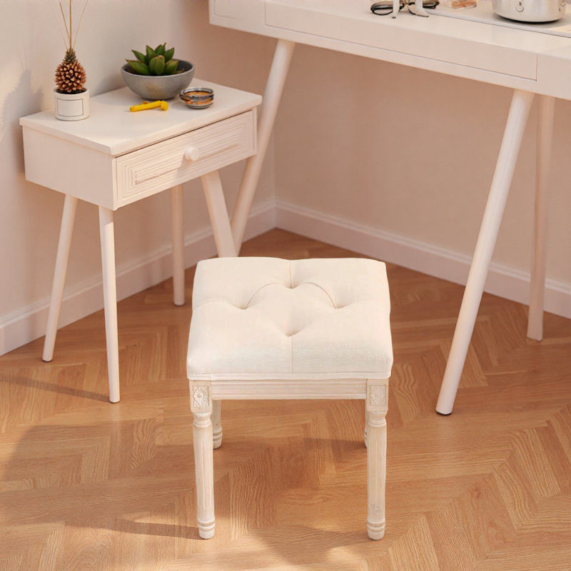 Banc de style français, banc d'entrée en tissu de lin, banc rembourré capitonné avec pieds en bois brossé