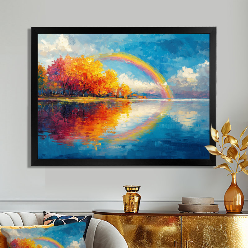 Arc-en-ciel reflété dans le lac - arc-en-ciel, art mural, H 12 po x l 20 po, Cadre simple noir