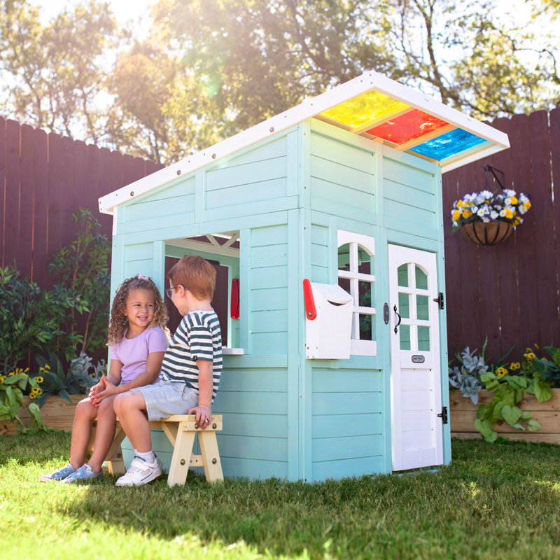 Teamson Kids Rainbow Shade Outdoor Wooden Playhouse With Kitchen, Flower Box & Bench, Blue