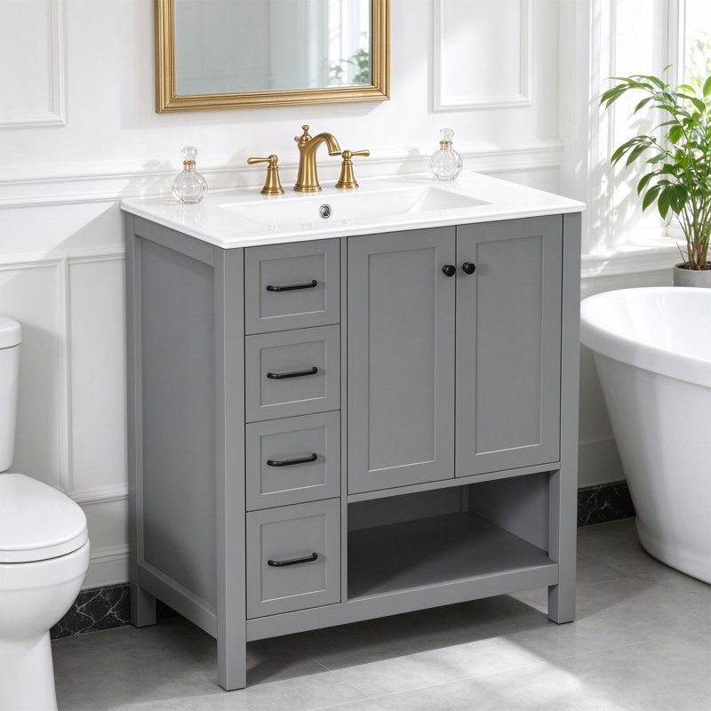 Meuble-lavabo 30 po avec comptoir en céramique, 2 tiroirs et tablette ouverte, Gray