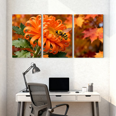 Orange Chrysanthemum with Bee Canvas Wrapped Wall Art Oil Painting Print Set of 3