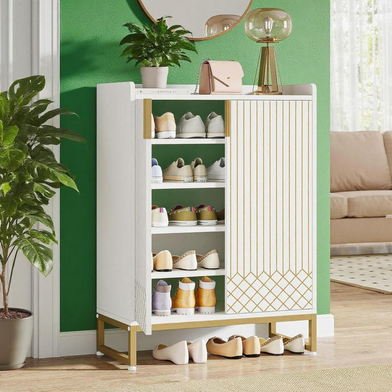 Armoire à chaussures moderne blanche et dorée - texture diamant, design minimaliste luxueux, décor de vestibule