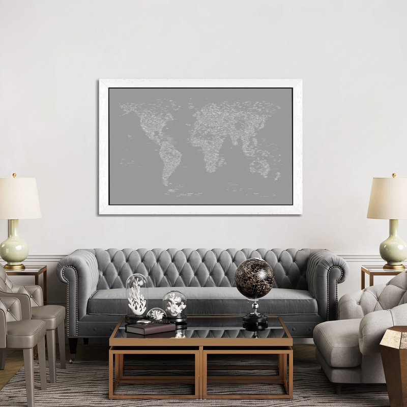 Font World Map by Michael Tompsett - Print on Canvas, 101.6 cm H x 66.04 cm W, White Framed