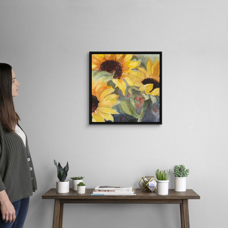 «Sunflowers In Watercolor II», art mural sur toile, H 20 po x l 20 po x P 1,75 po, Cadre noir