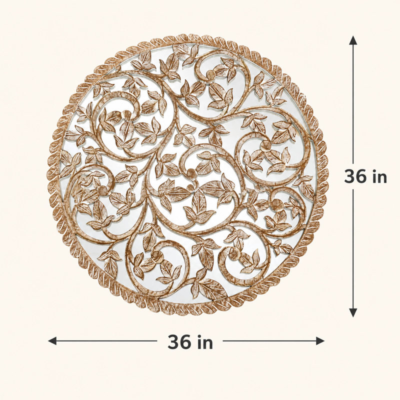 Panneau mural rond en bois 36 pouces avec miroir et motif floral sculpté