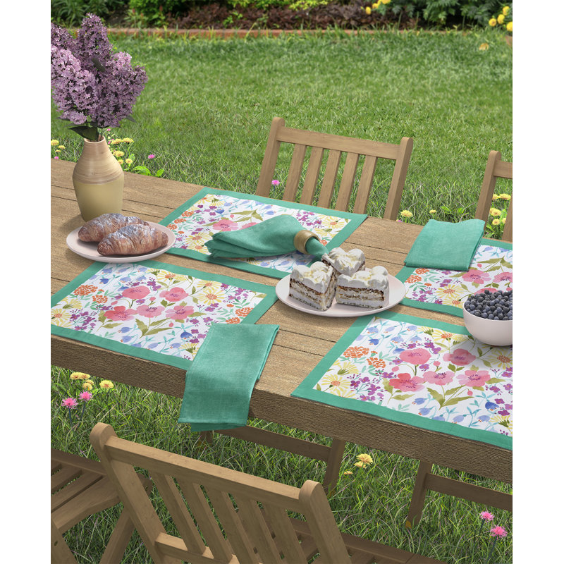 Spring Floral Green Edge Embellished Fabric Placemats Set of Four
