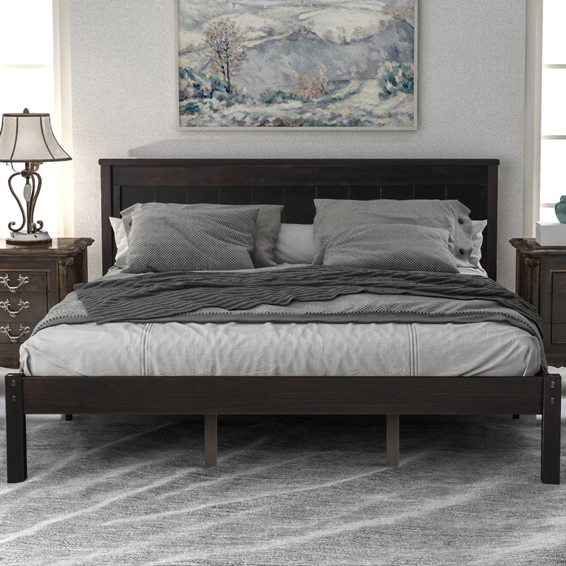 Base de lit plateforme avec tête de lit, support à lattes de bois, aucun sommier requis, Espresso, Grand lit
