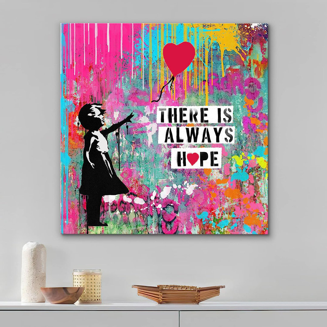 Pop Urban Street Girl and Heart Balloon Banksy There is Always Hope Colorful Canvas Bold Art Print IDEA4WALL