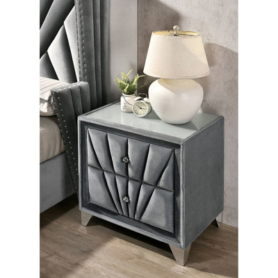 Table de chevet revêtue de tissu, gris, 2 tiroirs, impression d'art, acrylique, plateau et pieds en verre