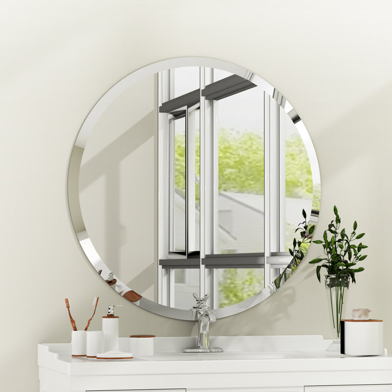 Annabellee Frameless Round Beveled Wall Mirror Decorative Wall Hanging Mirror Silver Vanity Mirror, 24" x 24"