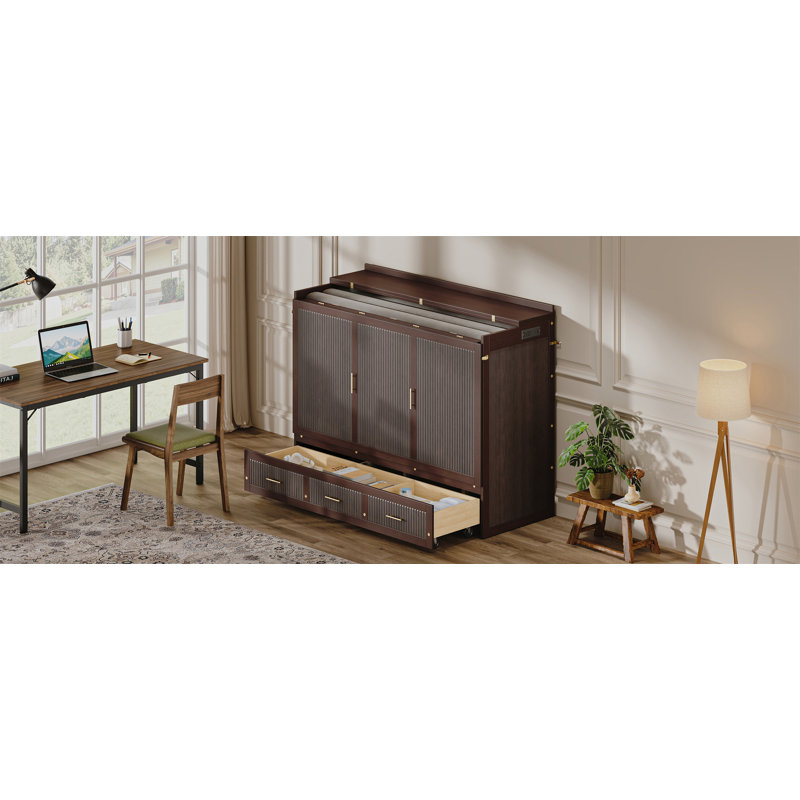 Armoire murale multifonctionnelle avec station de charge USB, lit escamotable vertical avec tiroirs, lit escamotable mural peu encombrant avec verrou de sécurité et dispositif anti-basculement, café.