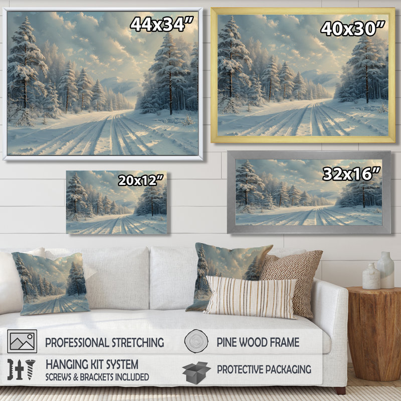 «White Gray Winter Road Into Forest II», art mural paysage d'hiver, H 24 po x l 32 po, Toile tendue