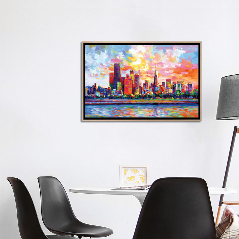 Chicago Skyline by Leon Devenice iCanvas, 26" H x 40" W x 1.5" D, Natural Wood Floater Frame Canvas