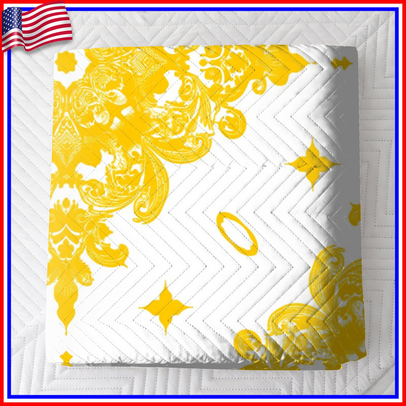 Yellow Ornate Damask Quilted Bedspread All Sizes, Twin