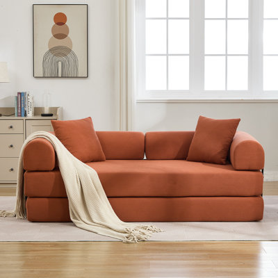 Canapé-lit à compression avec futon convertible, canapé-lit pliant orange avec matelas à ressorts en mousse et 2 coussins pour les petits espaces, les appartements et les bureaux