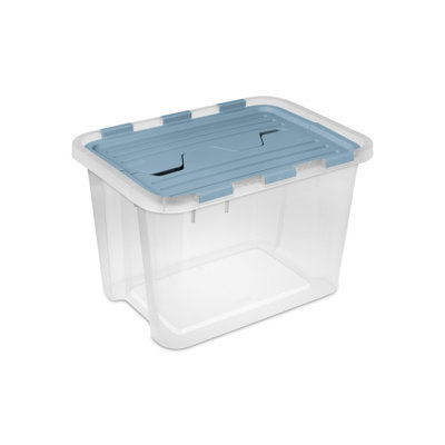 Sterilite 60 Qt Hinged Lid Storage Box, Plastic Container, Washed Blue, 24 Pack