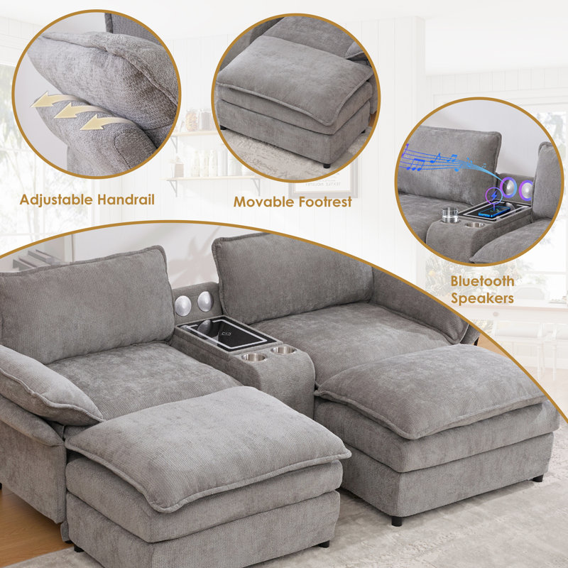 Enn 124 "W Modular Sectional, Wireless Charge, Blue Tooth Speaker, Double-layer Cushion, Light Gray Chenille