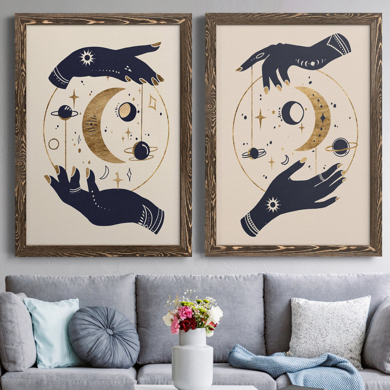 Moon Hands I - Ensemble de 2 reproductions d'art sur toile, H 31,5 po x l 47 po x P 1,5 po, Toile avec cadre en noyer